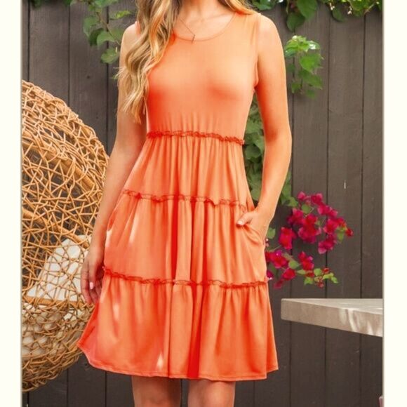 3/$16🎁 Sleeveless Tiered Orange Midi Stretch Dress sz L - Picture 5 of 9